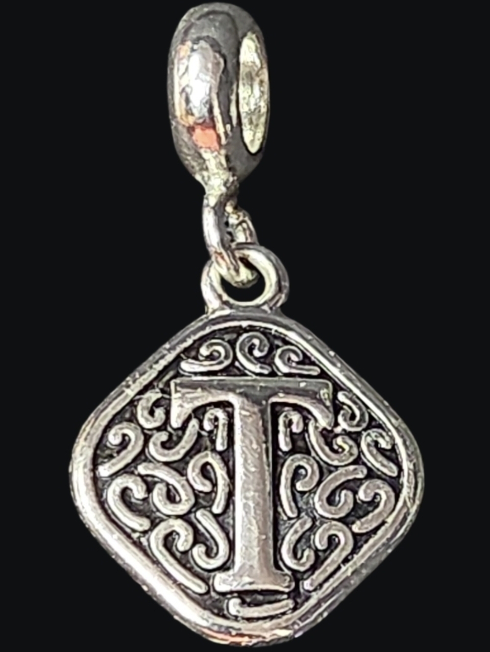 Dangle Initial 'T' Silver-Tone Letter Charm Pendant